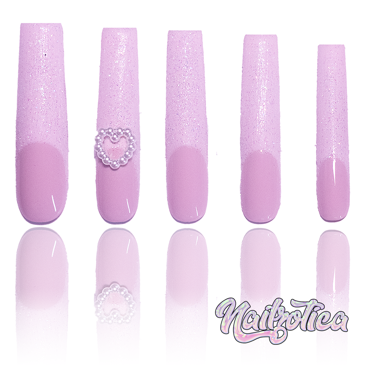 Pearl Princess - Extra Long Length 55mm Square Shape Pink Base Glitter Pearl Heart Charm French Tip Reusable Acrylic Gel UV Hand-Painted High Quality Handmade Luxury Press On Nails