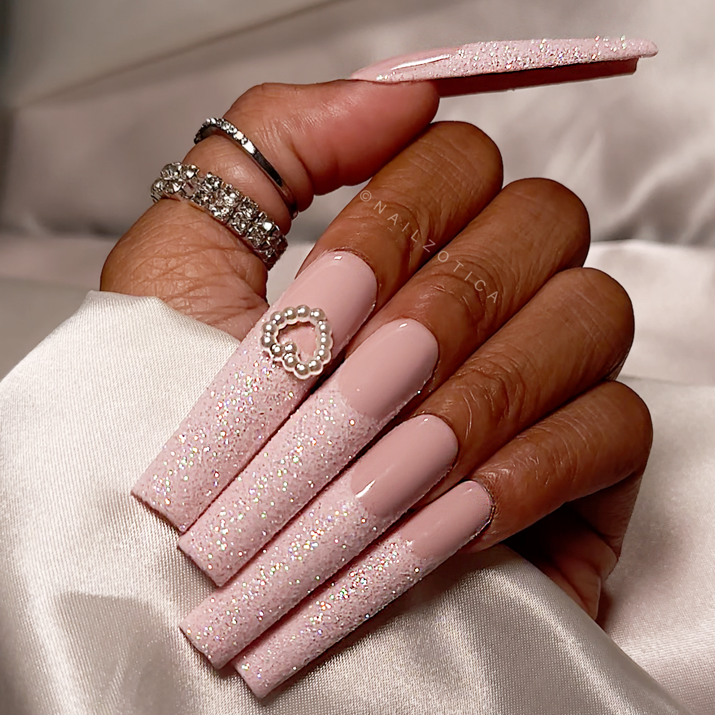 Pearl Princess - Extra Long Length 55mm Square Shape Pink Base Glitter Pearl Heart Charm French Tip Reusable Acrylic Gel UV Hand-Painted High Quality Handmade Luxury Press On Nails