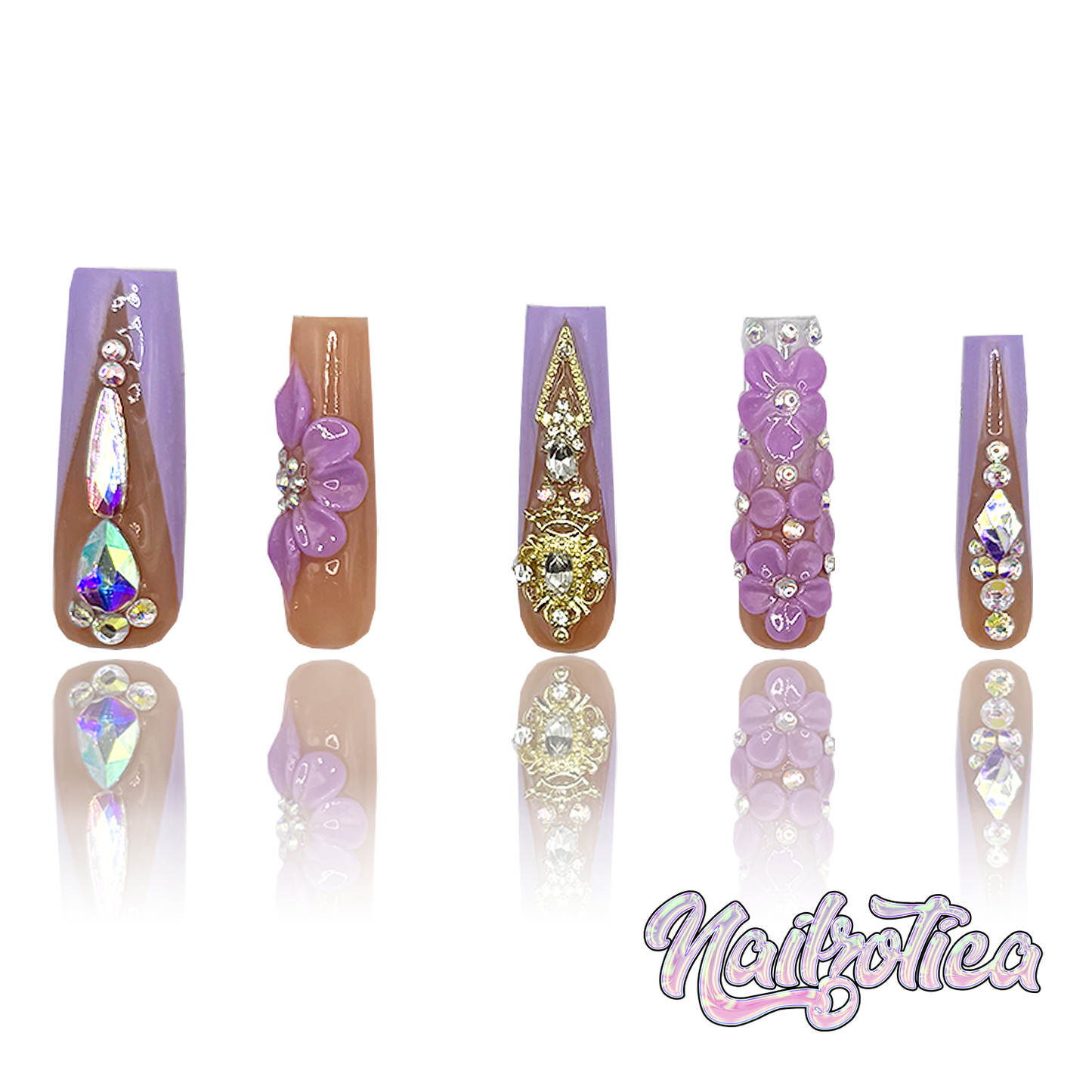 Petal Princess - Long Length 40mm 3D Flower Purple & White Silver Rhinestone Reusable Acrylic Gel UV Hand-Painted High Quality Handmade Luxury Press On Nails