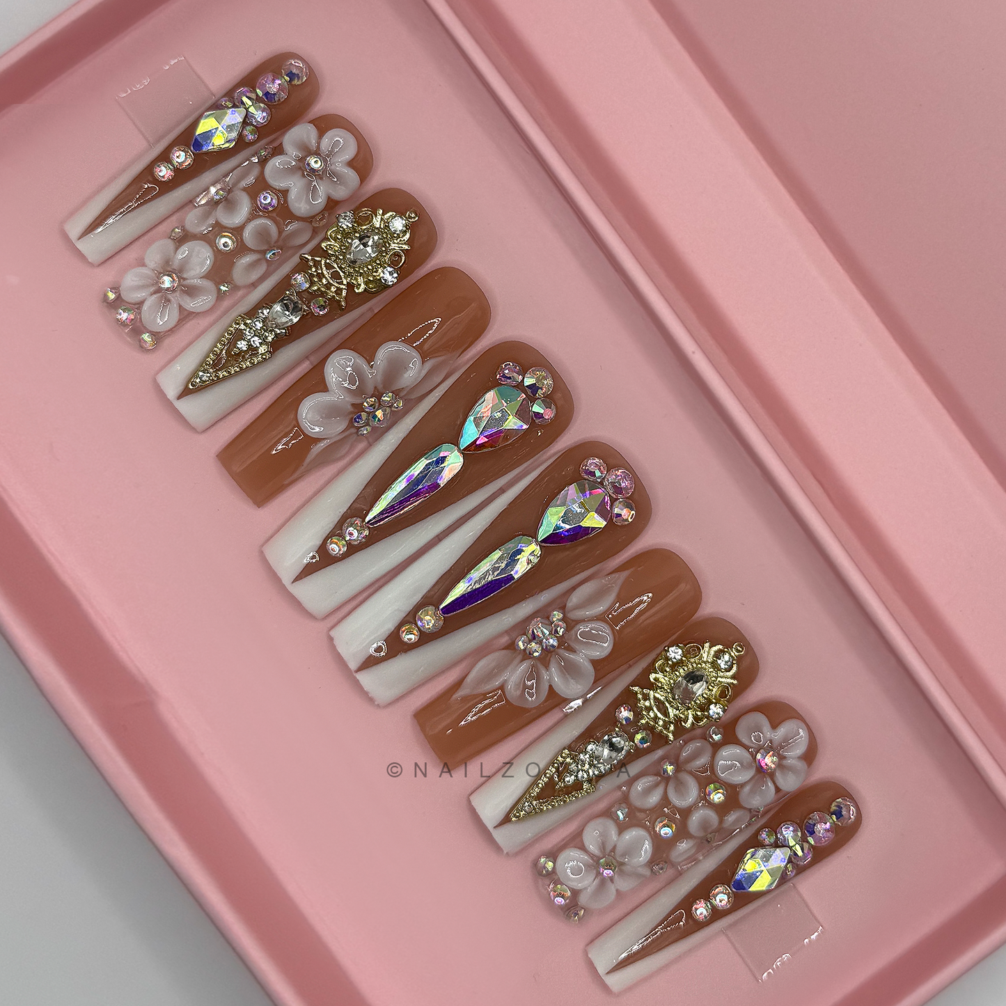 Petal Princess - Long Length 40mm 3D Flower Purple & White Silver Rhinestone Reusable Acrylic Gel UV Hand-Painted High Quality Handmade Luxury Press On Nails