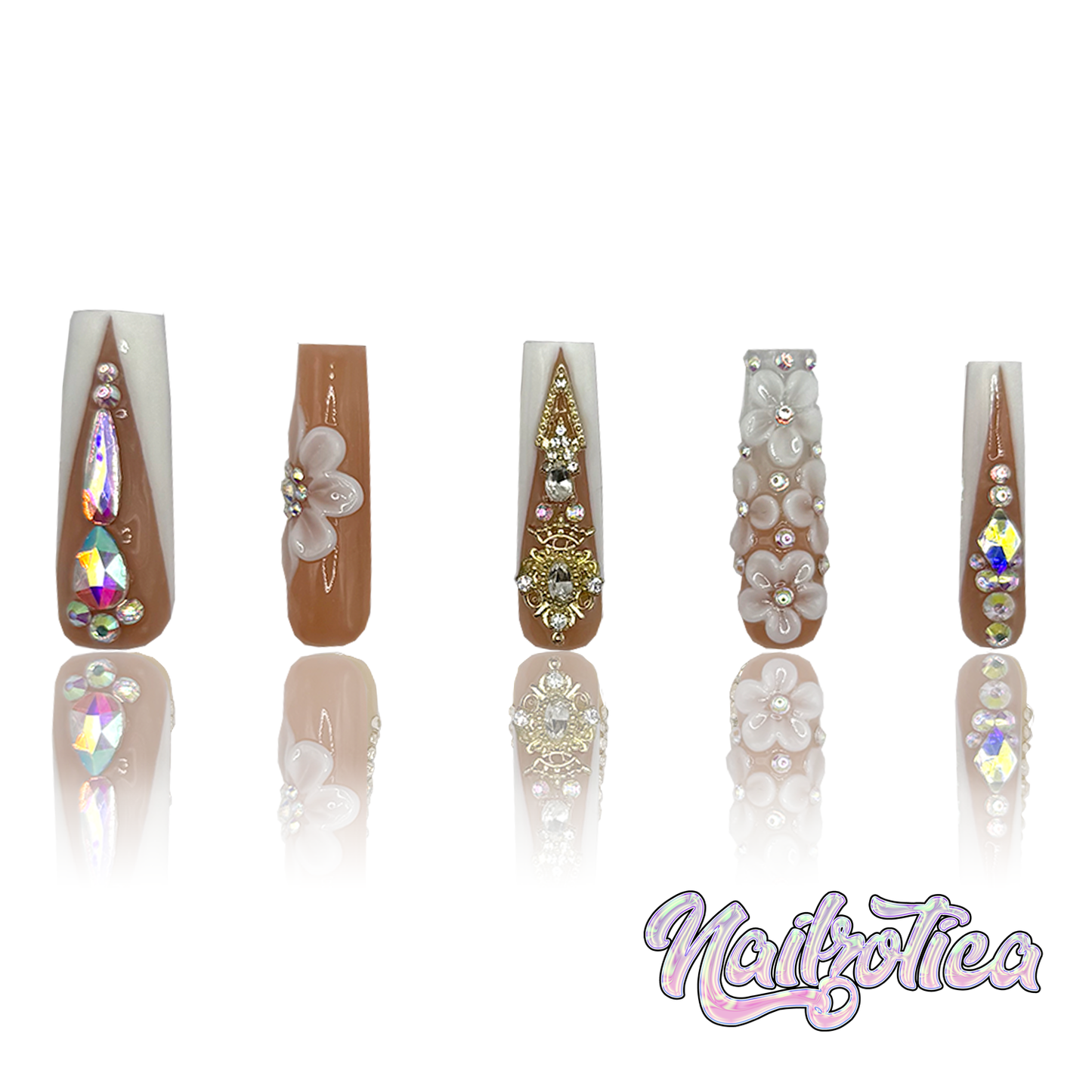 Petal Princess - Long Length 40mm 3D Flower Purple & White Silver Rhinestone Reusable Acrylic Gel UV Hand-Painted High Quality Handmade Luxury Press On Nails