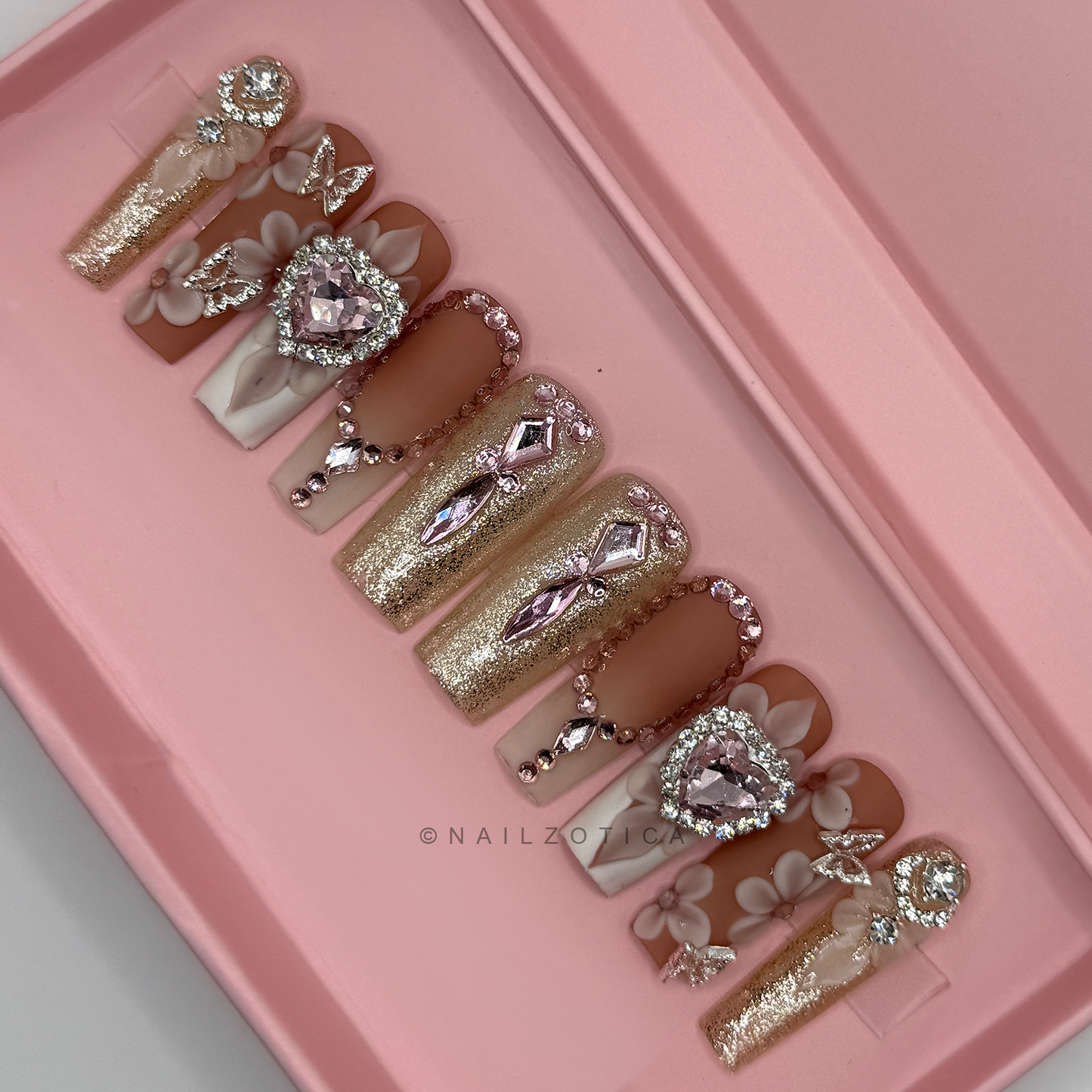 Pink Peonies - Medium Length 30mm Square Shape French Tip White Glitter Pink Rhinestone 3D Flower Heart Gem Charm Nude Base Reusable Acrylic Gel UV Hand-Painted High Quality Handmade Luxury 3D Art Press On Nails
