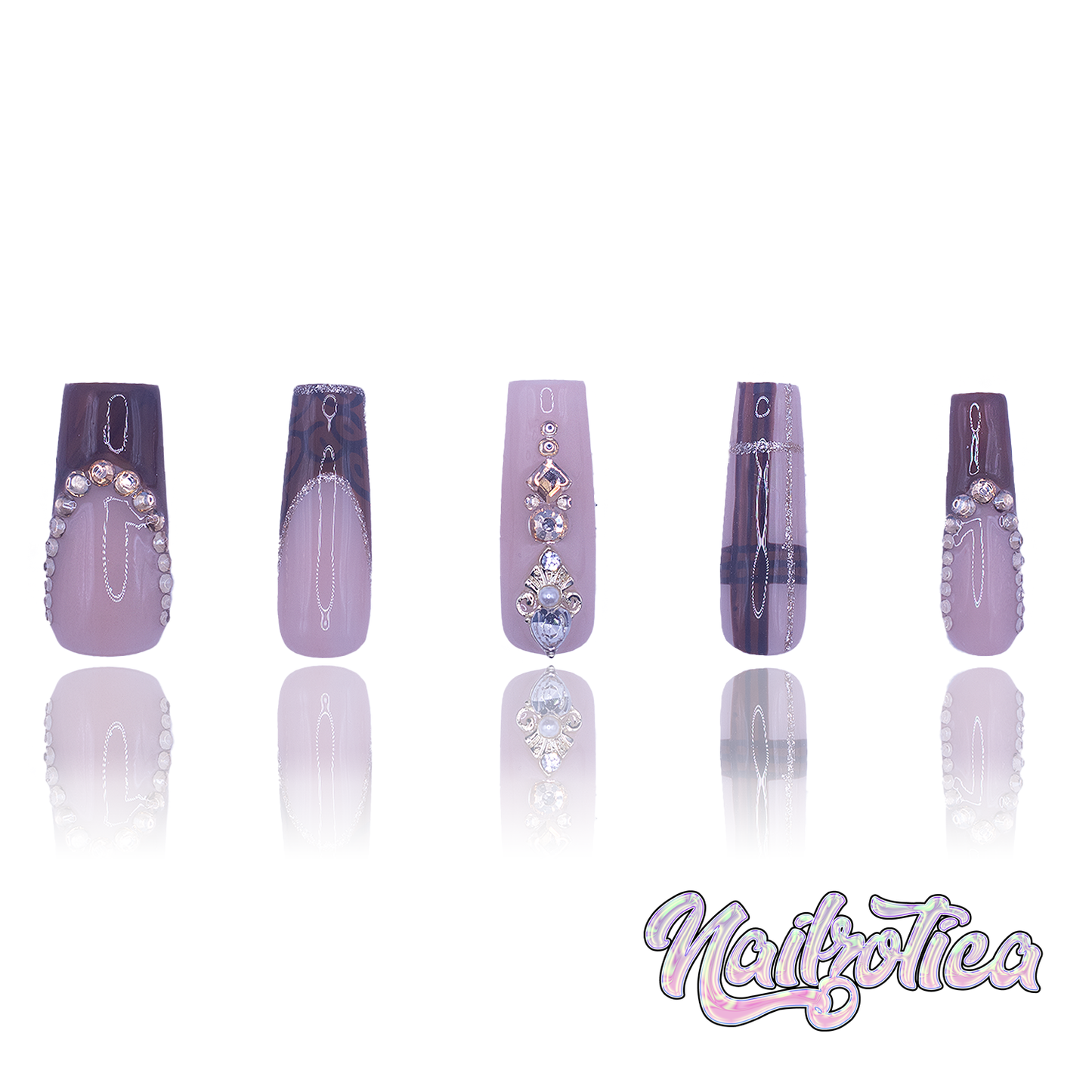 Plaid Princess - Medium Length Transparent Nude Base Brown French Tip Plaid Gold Glitter Rhinestone Reusable Acrylic Gel UV Hand-Painted High Quality Handmade Luxury Press On Nails