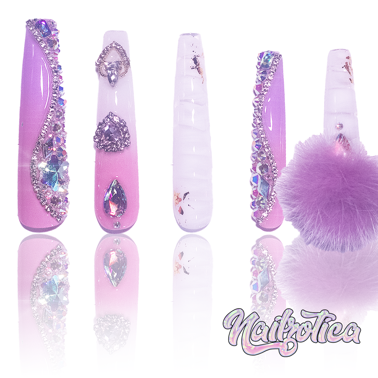 Purple Princess - Extra Long Length Ballerina Coffin Shape Purple Ombre Gradient White Croc Print Silver Rhinestone Purple Removeable Magnetic Pom-Poms Heart Gem Charms Reusable Acrylic Gel UV Hand-Painted High Quality Handmade Luxury Press On Nails