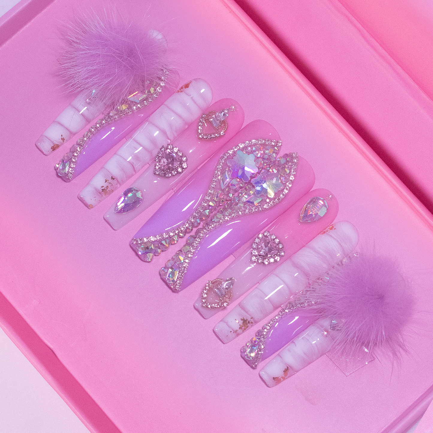 Purple Princess - Extra Long Length 55mm Ballerina Coffin Shape Purple Ombre Gradient White Croc Print Silver Rhinestone Purple Removeable Magnetic Pom-Poms Heart Gem Charms Reusable Acrylic Gel UV Hand-Painted High Quality Handmade Luxury Press On Nails