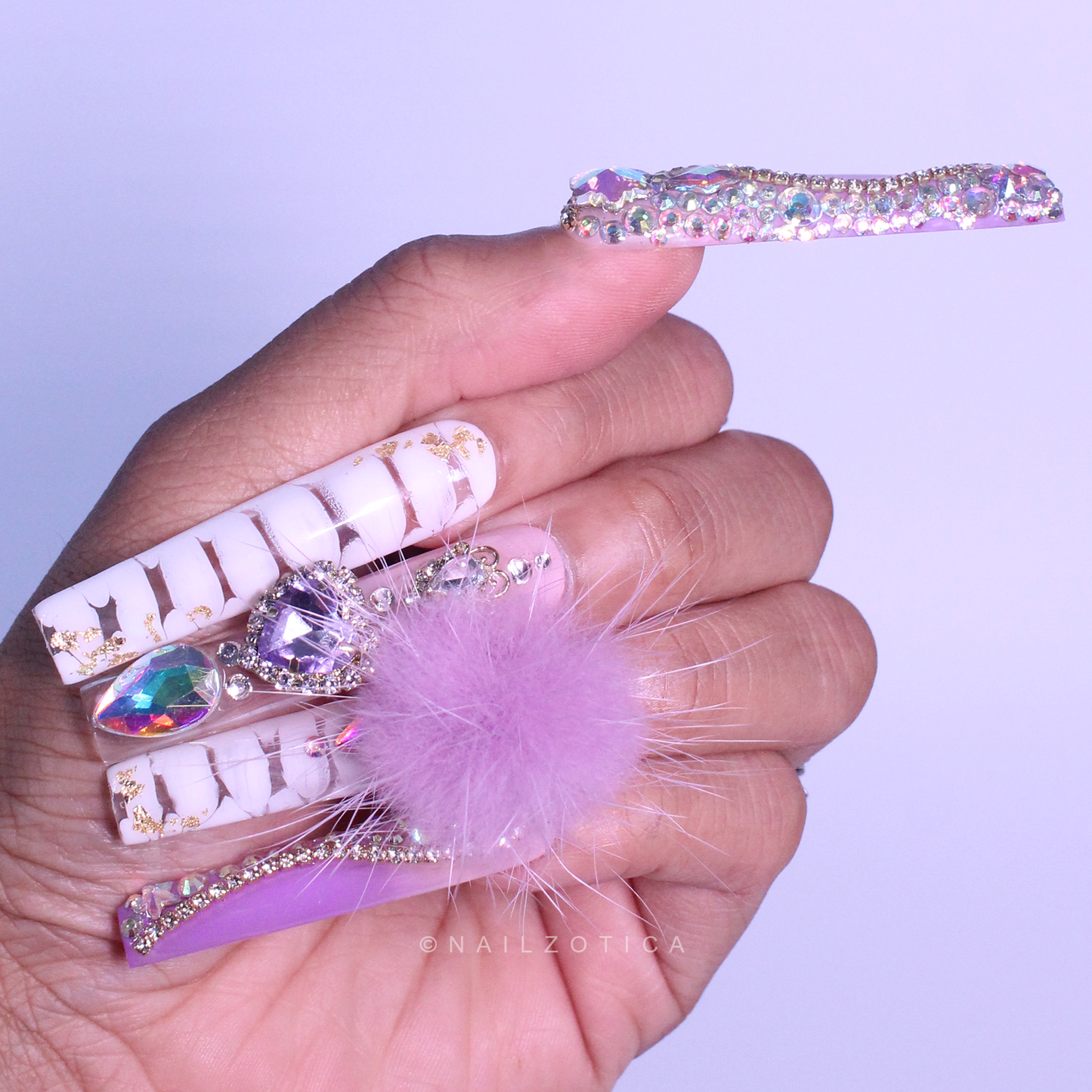 Purple Princess - Extra Long Length Ballerina Coffin Shape Purple Ombre Gradient White Croc Print Silver Rhinestone Purple Removeable Magnetic Pom-Poms Heart Gem Charms Reusable Acrylic Gel UV Hand-Painted High Quality Handmade Luxury Press On Nails