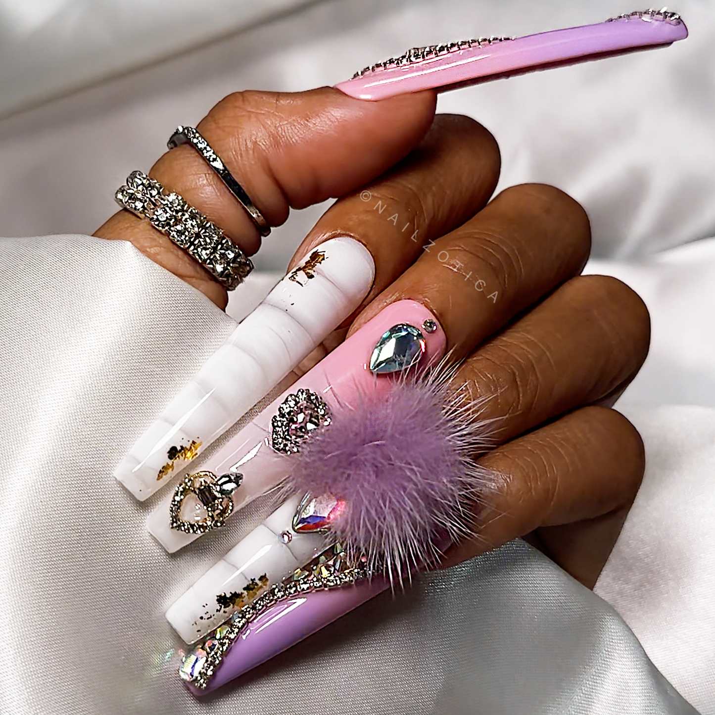 Purple Princess - Extra Long Length Ballerina Coffin Shape Purple Ombre Gradient White Croc Print Silver Rhinestone Purple Removeable Magnetic Pom-Poms Heart Gem Charms Reusable Acrylic Gel UV Hand-Painted High Quality Handmade Luxury Press On Nails