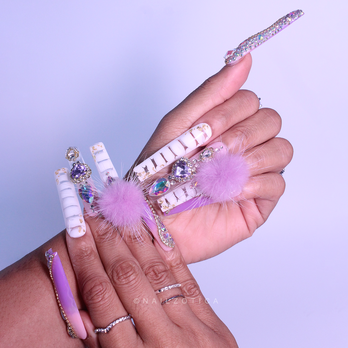Purple Princess - Extra Long Length Ballerina Coffin Shape Purple Ombre Gradient White Croc Print Silver Rhinestone Purple Removeable Magnetic Pom-Poms Heart Gem Charms Reusable Acrylic Gel UV Hand-Painted High Quality Handmade Luxury Press On Nails