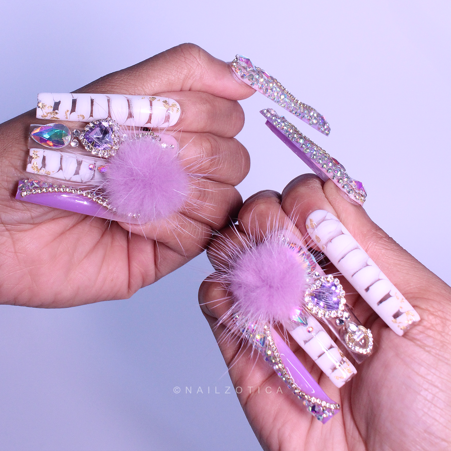 Purple Princess - Extra Long Length Ballerina Coffin Shape Purple Ombre Gradient White Croc Print Silver Rhinestone Purple Removeable Magnetic Pom-Poms Heart Gem Charms Reusable Acrylic Gel UV Hand-Painted High Quality Handmade Luxury Press On Nails