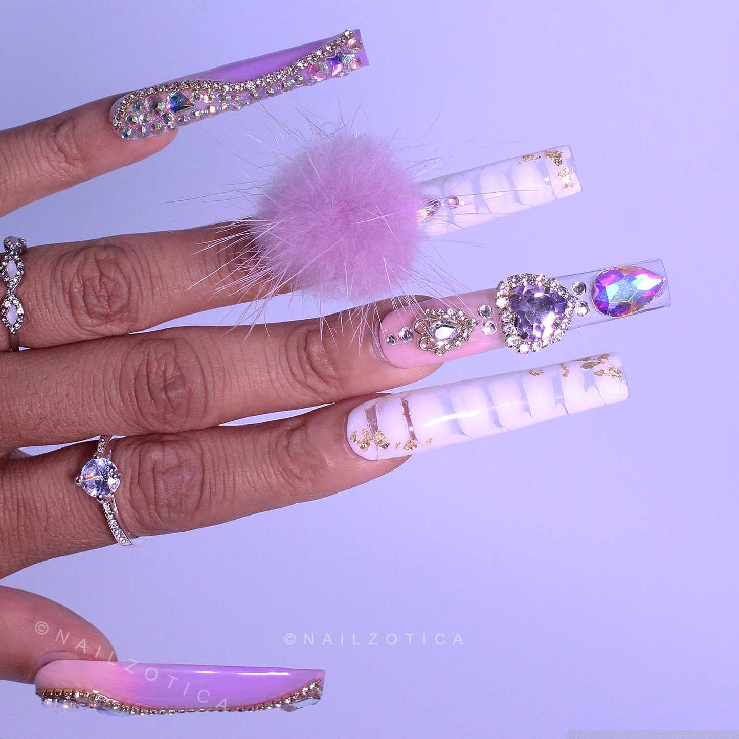 Purple Princess - Extra Long Length Ballerina Coffin Shape Purple Ombre Gradient White Croc Print Silver Rhinestone Purple Removeable Magnetic Pom-Poms Heart Gem Charms Reusable Acrylic Gel UV Hand-Painted High Quality Handmade Luxury Press On Nails