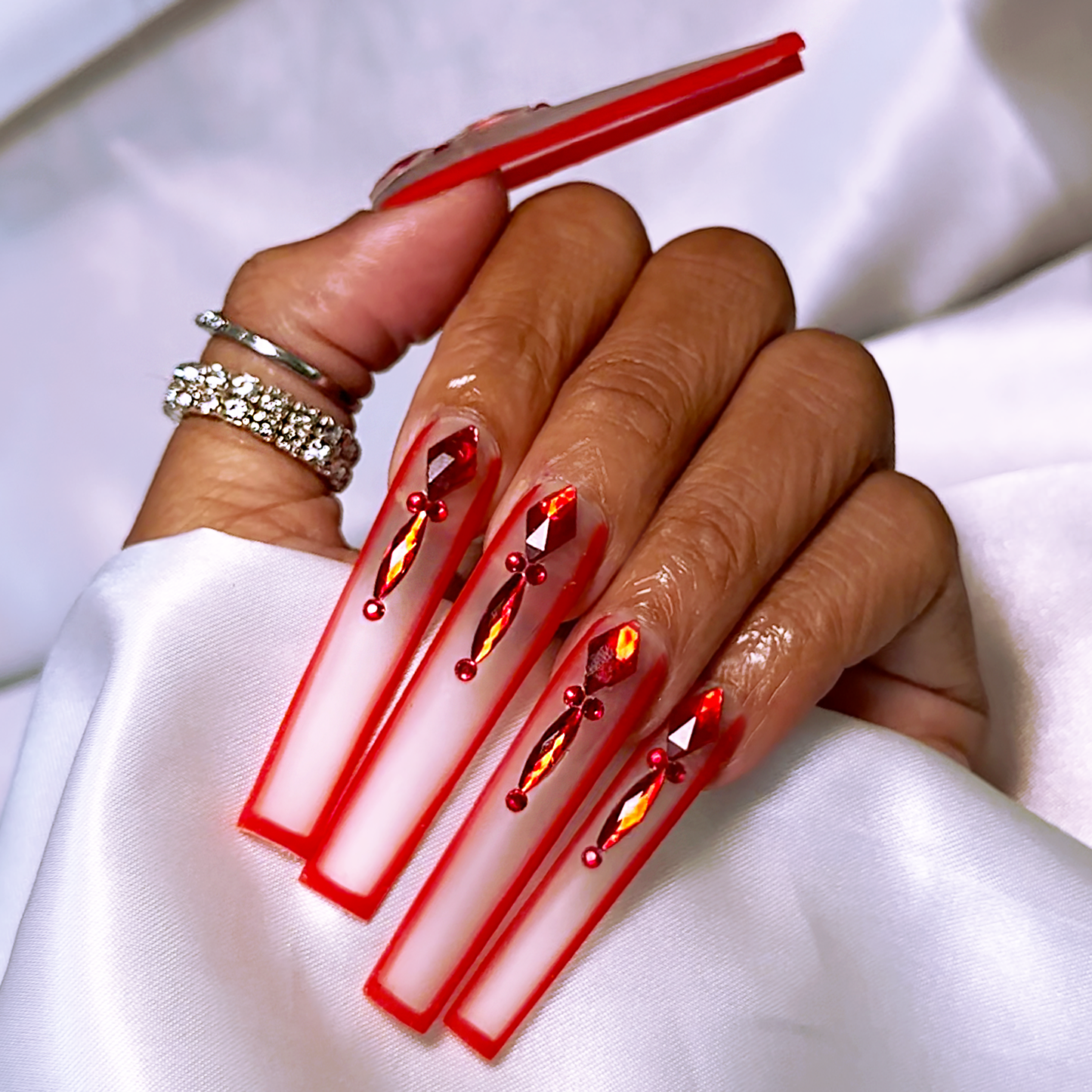 Queen of Hearts - Extra Long Length 55mm Square Shape Matte Clear Transparent Red Outline Red Rhinestone Reusable Acrylic Gel UV Hand-Painted High Quality Handmade Luxury Press On Nails