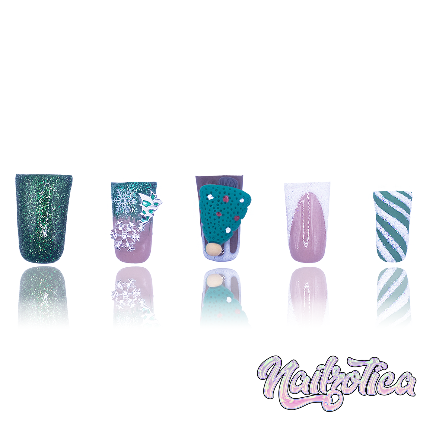 Santa's Favorite - Short Length Duck Shape Red Green Christmas Tree Red and White Candy Cane Peppermint Reindeer Snowflake Glitter French Tip Reusable Acrylic Gel UV Hand-Painted High Quality Handmade Luxury Holiday Edition Christmas Duck Press On Nails