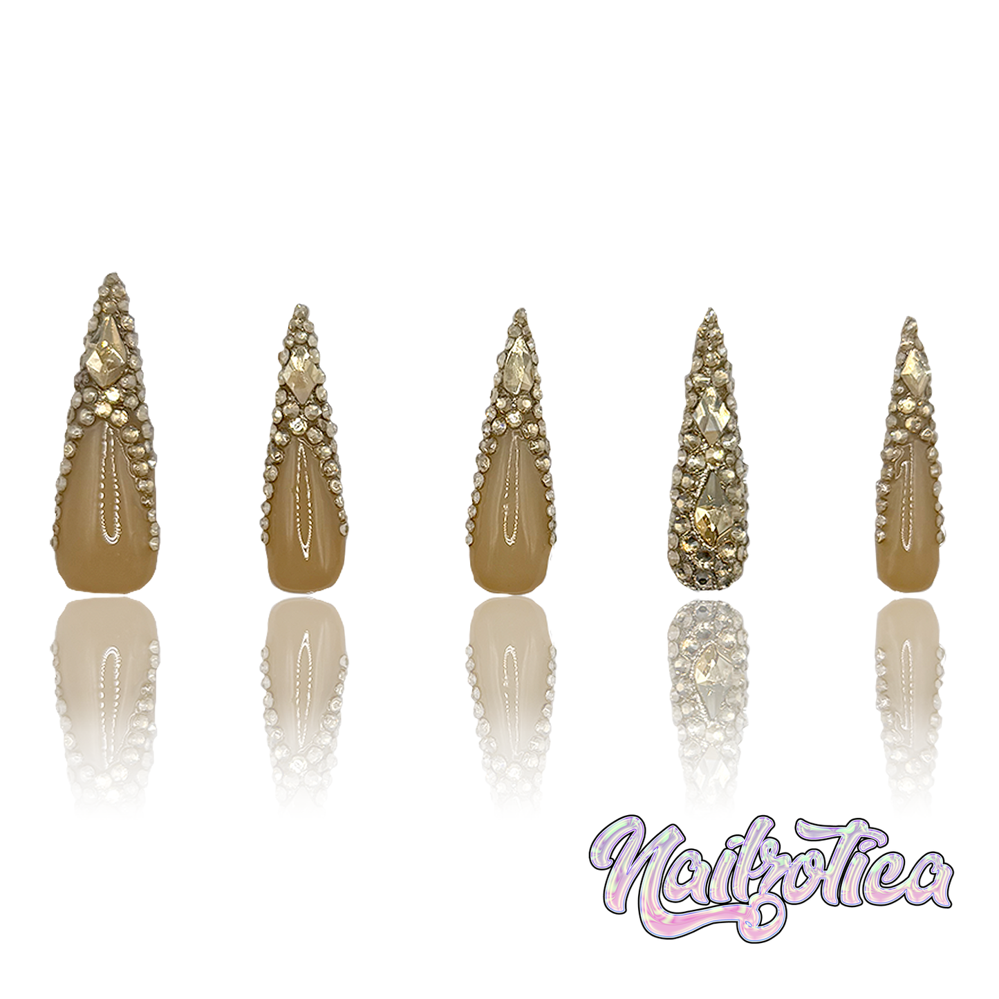 Stiletto Frenchies - Extra Long Length 50mm Silver & Gold Rhinestone Stiletto Shape Reusable Acrylic Gel UV High Quality Handmade Luxury Press On Nails
