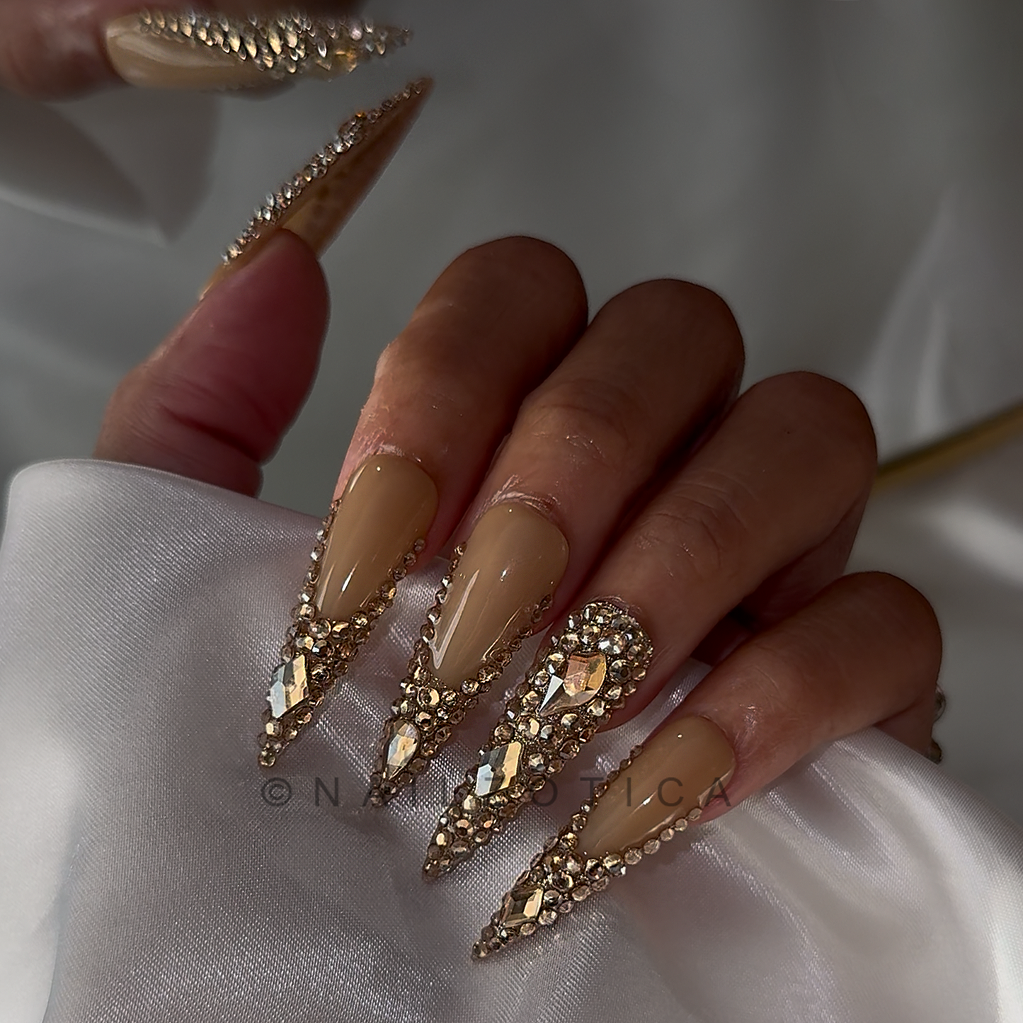 Stiletto Frenchies - Extra Long Length 50mm Silver & Gold Rhinestone Stiletto Shape Reusable Acrylic Gel UV High Quality Handmade Luxury Press On Nails