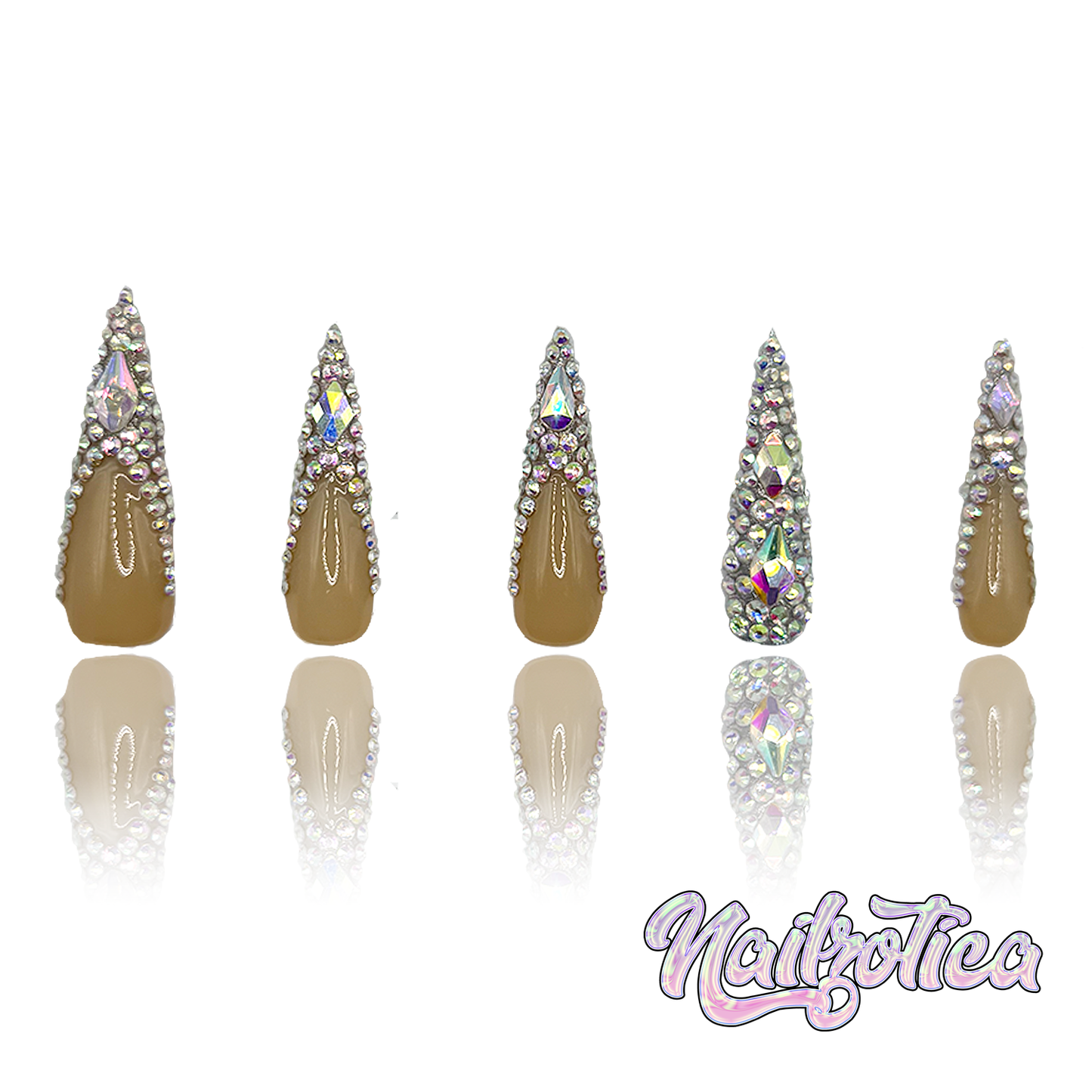 Stiletto Frenchies - Extra Long Length 50mm Silver & Gold Rhinestone Stiletto Shape Reusable Acrylic Gel UV High Quality Handmade Luxury Press On Nails