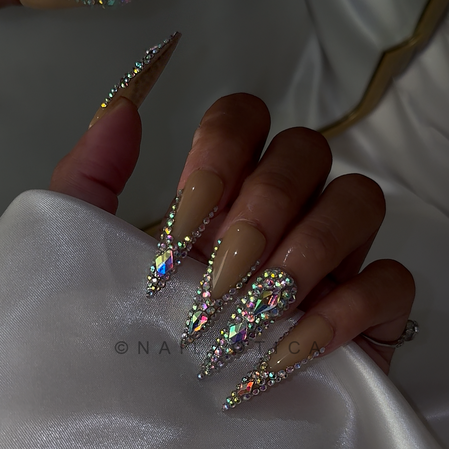 Stiletto Frenchies - Extra Long Length 50mm Silver & Gold Rhinestone Stiletto Shape Reusable Acrylic Gel UV High Quality Handmade Luxury Press On Nails