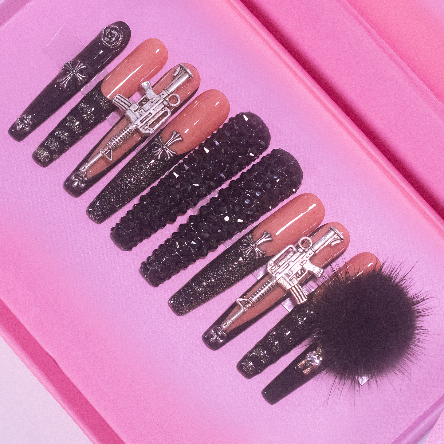 Style Killa - Extra Long Length 55mm Ballerina Shape Silver Glitter Embossed Croc Print Black Rhinestone Cross Gun Teddy Bear Removable Magnetic Pom-Pom Reusable Acrylic Gel UV Hand-Painted High Quality Handmade Luxury Press On Nails