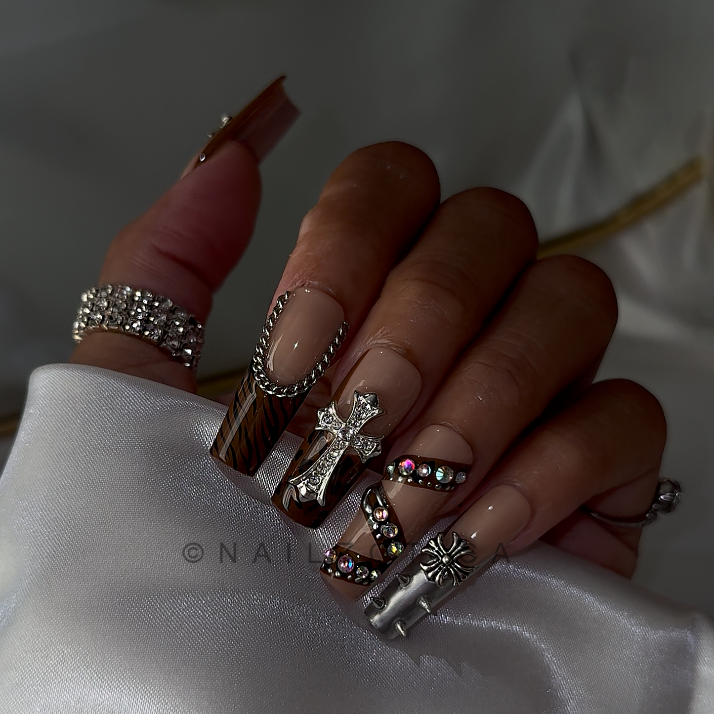 Wild Animal - Medium Length 35mm Square Shape Brown French Tip Spike Silver Rhinestone Cross Charm Reusable Acrylic Gel UV High Quality Handmade Luxury Press On Nails