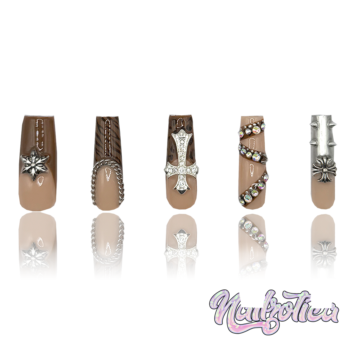 Wild Animal - Medium Length 35mm Square Shape Brown French Tip Spike Silver Rhinestone Cross Charm Reusable Acrylic Gel UV High Quality Handmade Luxury Press On Nails (Custom)