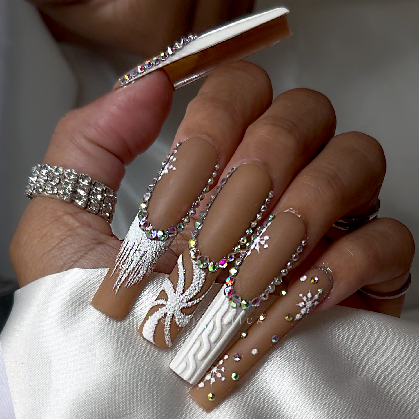 Winter Wonderland - Extra Long Length Square Shape French Tip Glitter Snowflake Peppermint Swirl Sweater Embossed Print Silver Rhinestone Reusable Acrylic Gel UV Hand-Painted High Quality Handmade Luxury Holiday Edition Christmas Press On Nails