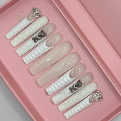 Blanc Beauty - Extra Long Length 55mm White French Tip Glitter Croc Teddy Bear Butterfly Charm Reusable Acrylic Gel UV High Quality Handmade Luxury Press On Nails