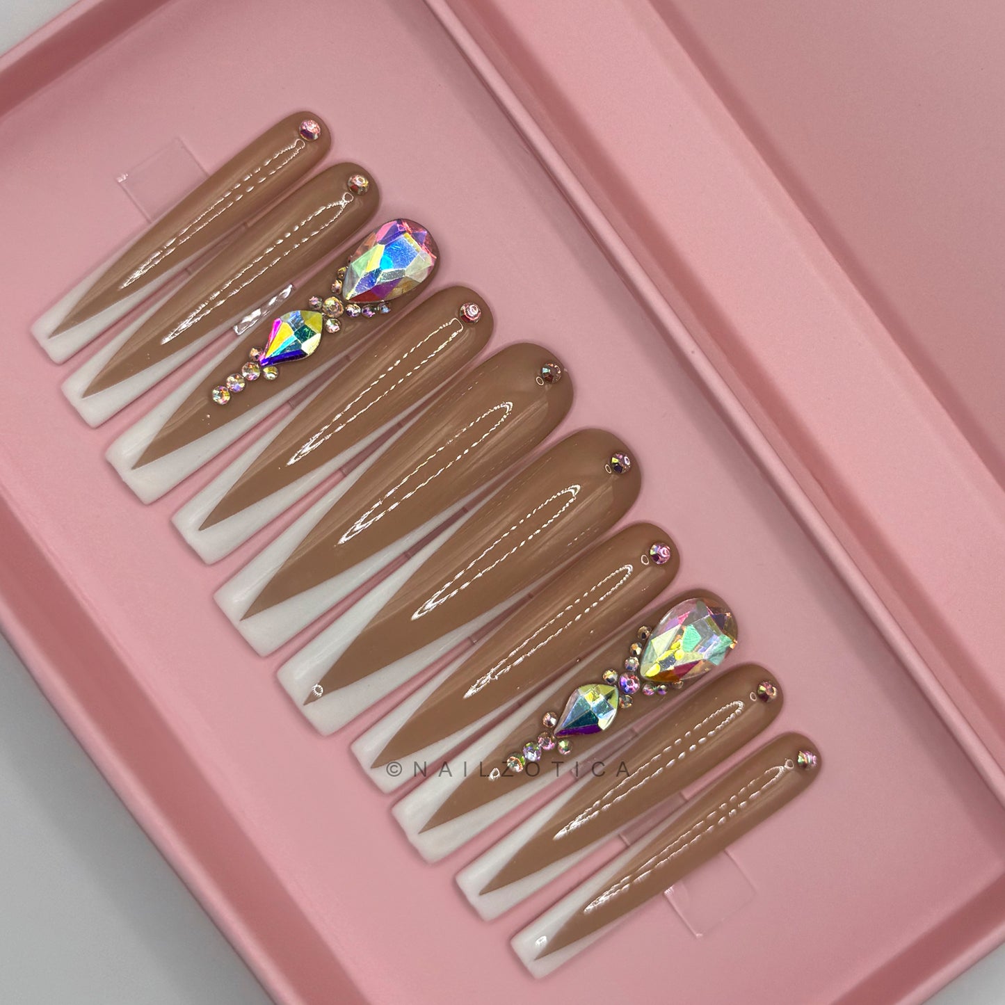 Fancy French - Extra Long Length 55mm Square Shape French Tip White Silver Rhinestone Reusable Acrylic Gel UV Hand-Painted High Quality Handmade Luxury Press On Nails