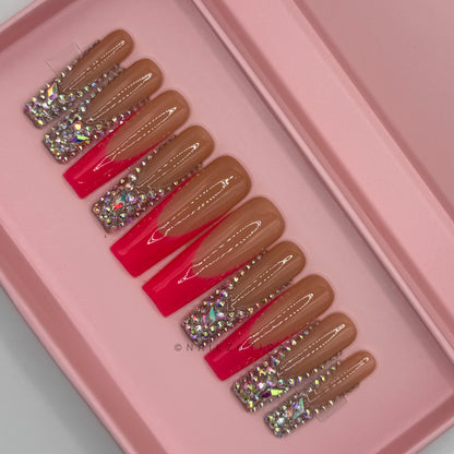 Frenchie Bling - Long Length 40mm French Tip White Black Pink Nude Natural Base Silver Rhinestone Reusable Acrylic Gel UV Hand-Painted High Quality Handmade Luxury Press On Nails