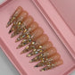 Gilded Gold - Extra Long Length 50mm Stiletto Medium Length Duck Shape Transparent Nude Base Glitter Ombre Gold Rhinestone Reusable Acrylic Gel UV Hand-Painted High QualityHandmade Luxury Press On Nails