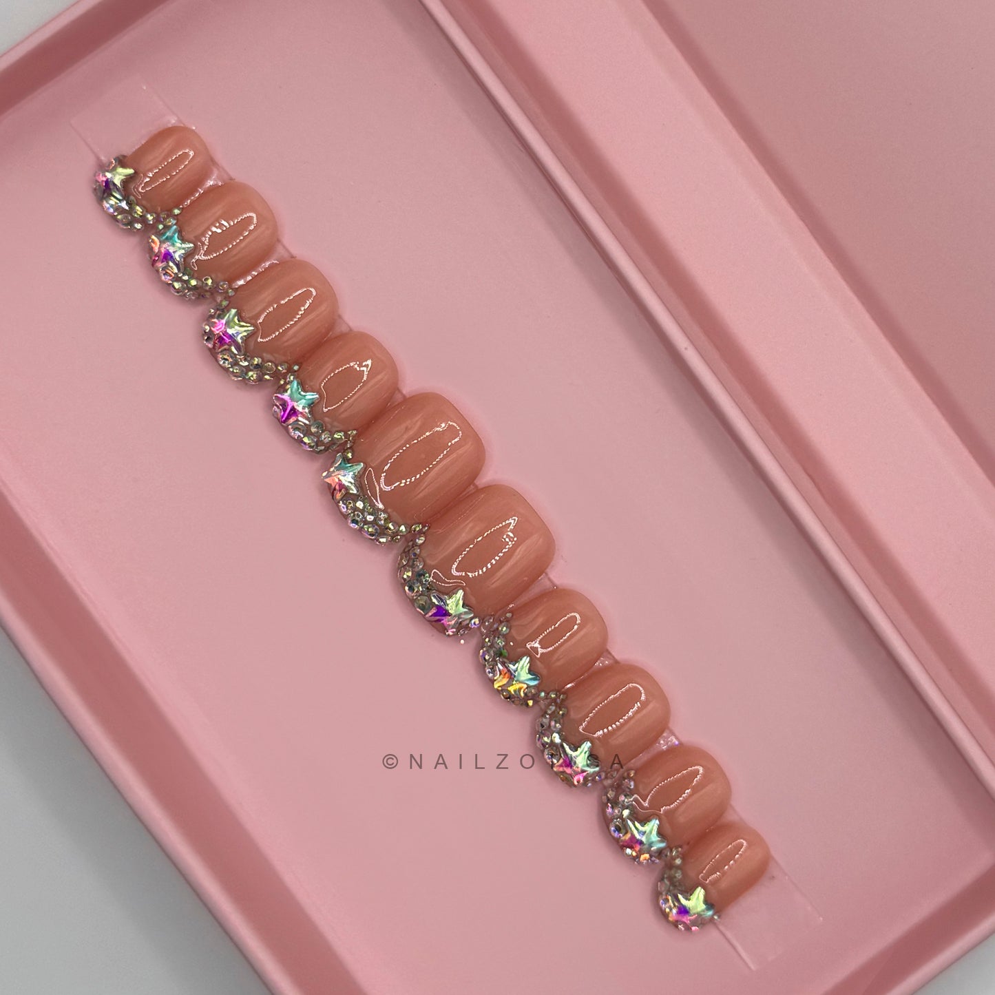 Modest Muse - Short Length 20mm Square Shape Star Charm Silver Rhinestone French Tip Natural Nude Transparent Base Reusable Acrylic Gel UV Hand-Painted High Quality  Handmade Luxury Press On Nails