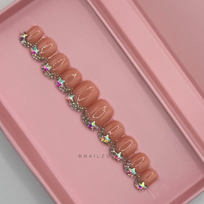Modest Muse - Short Length 20mm Square Shape Star Charm Silver Rhinestone French Tip Natural Nude Transparent Base Reusable Acrylic Gel UV Hand-Painted High Quality  Handmade Luxury Press On Nails