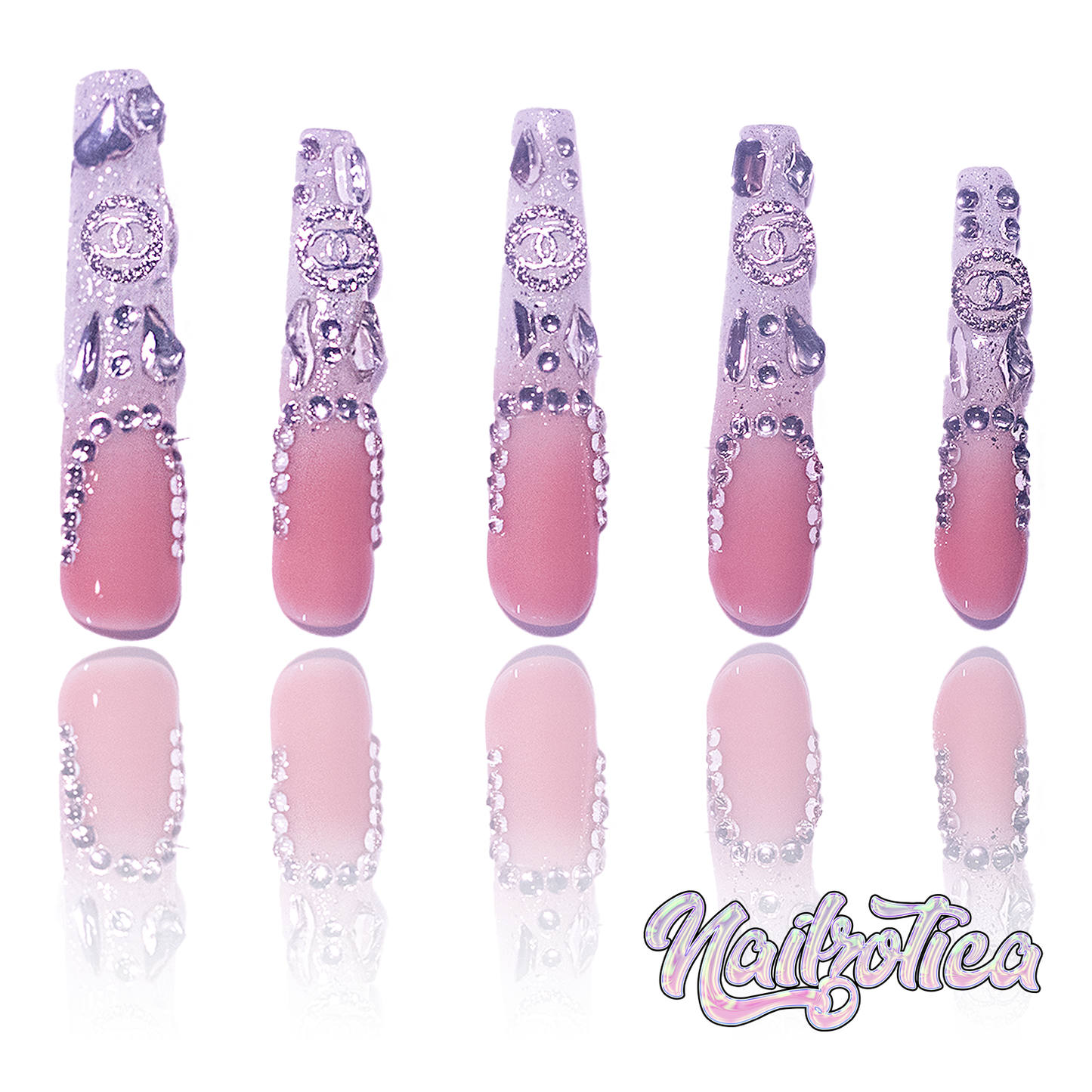 Apparent Luxury - Extra Long Length 55mm Ballerina Shape Silver Rhinestone Reusable Acrylic Gel UV French Tip Ombre Gradient High Quality Handmade Luxury Press On Ballerina Nails (Custom)