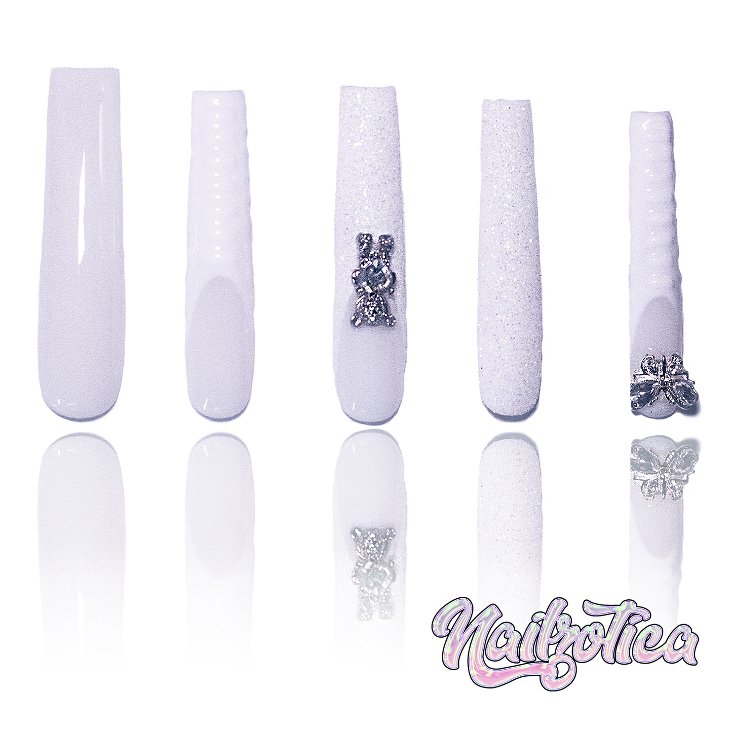 Blanc Beauty - Extra Long Length 55mm White French Tip Glitter Croc Teddy Bear Butterfly Charm Reusable Acrylic Gel UV High Quality Handmade Luxury Press On Nails (Custom)