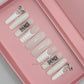 Blanc Beauty - Extra Long Length 55mm White French Tip Glitter Croc Teddy Bear Butterfly Charm Reusable Acrylic Gel UV High Quality Handmade Luxury Press On Nails