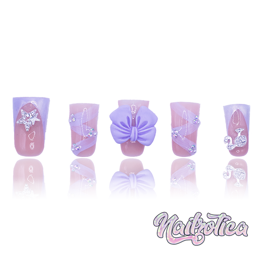Bowtique Bling- Short Length 25mm Duck Shape Bow Star Girl Charm Lace Purple Reusable Acrylic Gel UV High Quality Handmade Luxury Press On Nails (Custom)