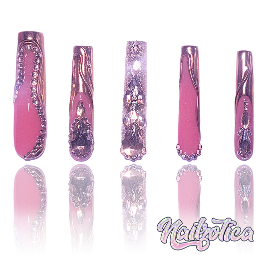Bronze Baddie - Extra Long Length 55mm 3D Abstract Rhinestone French Tip Gold Color Pink Base Square Shape Reusable Acrylic Gel UV High Quality Handmade Luxury Press On Nails (Custom)