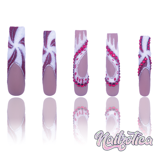 Candy Cane Chic - Extra Long Length 55mm Red and White Peppermint Candy Cane Swirl French Tip Square Shape Red Rhinestones Silver Glitter Reusable Acrylic Gel UV High Quality Handmade Luxury Holiday Edition Christmas Press On Nails (Custom)