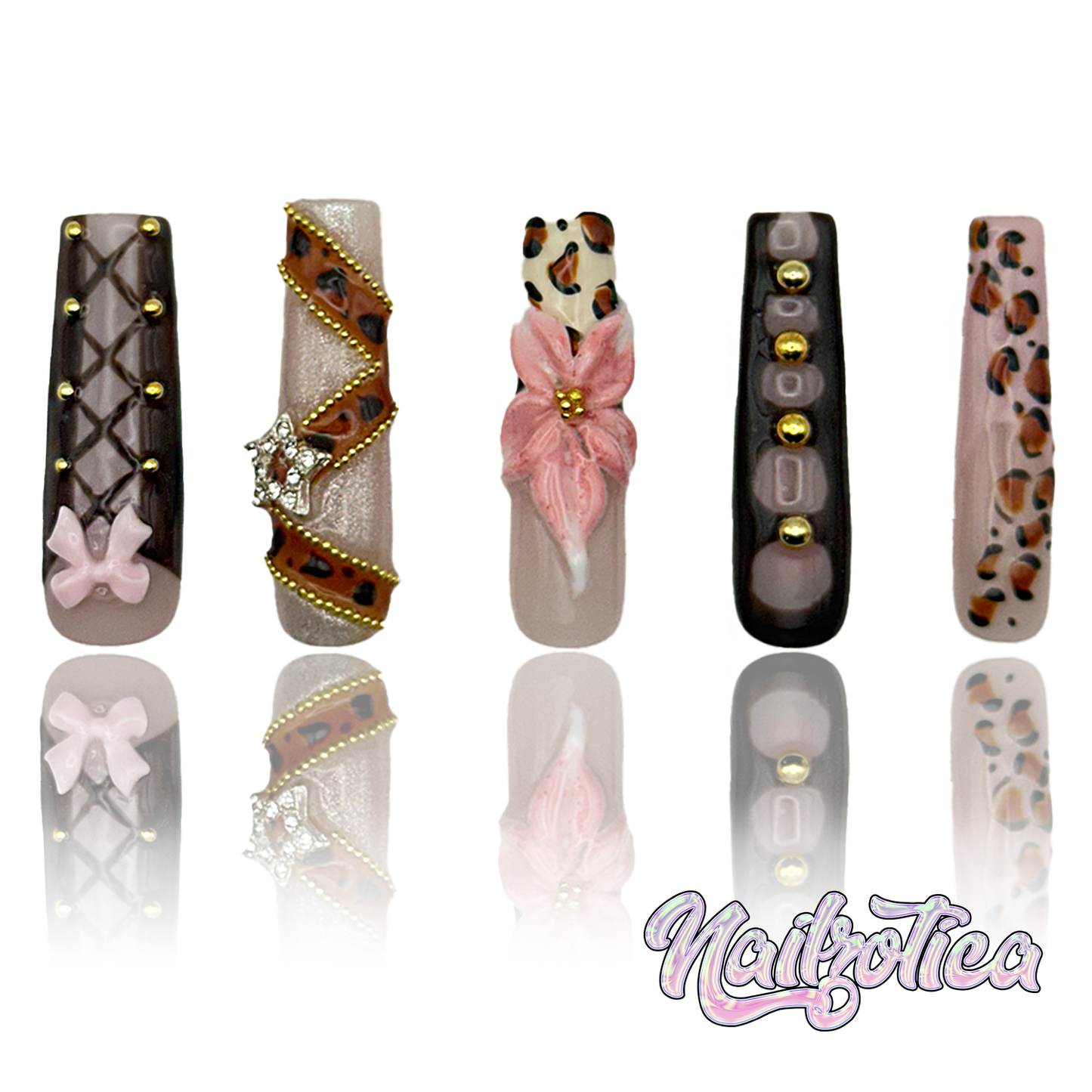 Coquette Cutie - Long Length 40mm Square Shape Brown Animal Print 3D Flower Rhinestone Bow Charms Reusable Acrylic Gel UV High Quality Handmade Luxury Press On Nails