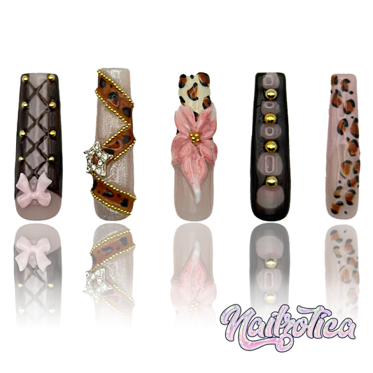 Coquette Cutie - Long Length 40mm Square Shape Brown Animal Print 3D Flower Rhinestone Bow Charms Reusable Acrylic Gel UV High Quality Handmade Luxury Press On Nails