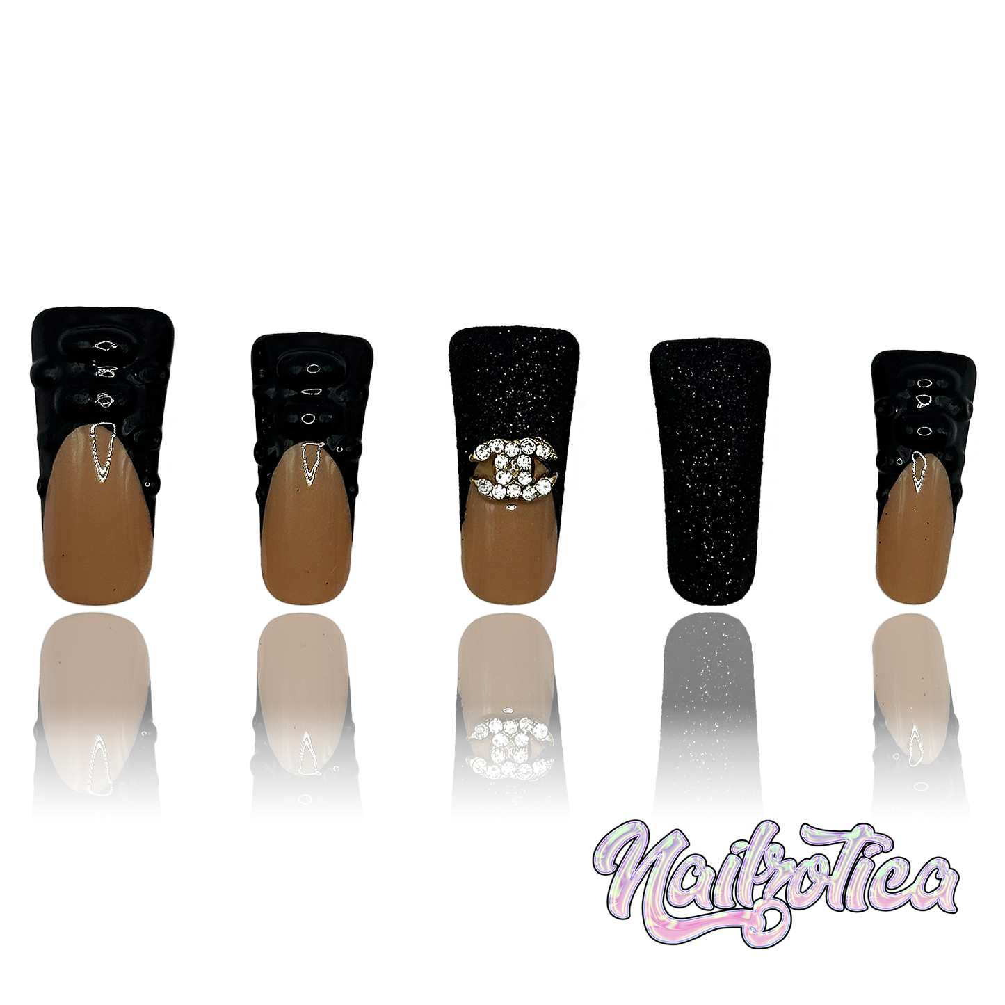 Designer Duck - Medium Length 30mm Duck Shape French Tip Black Glitter Designer Charm Nude Base Reusable Acrylic Gel UV High Quality Handmade Luxury Press On Duck Nails (Custom)