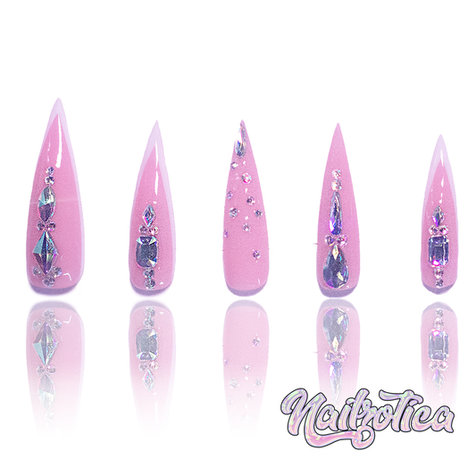 Diamond Stiletto - Medium Length Stiletto Pointy Shape Pink Base White French Silver Rhinestone Reusable Acrylic Gel UV High Quality Handmade Luxury Press On Stiletto Nails