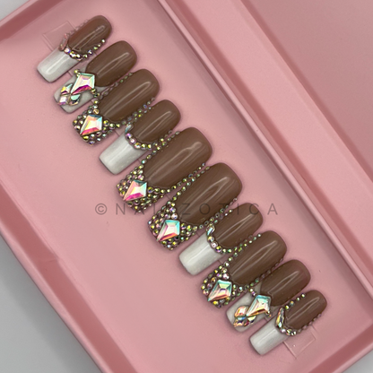 Fabulous French - Medium Length 35mm Square Shape White French Tip Silver Rhinestone Reusable Acrylic Gel UV High Quality Handmade Luxury Press On Nails