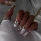 Fabulous French - Medium Length 35mm Square Shape White French Tip Silver Rhinestone Reusable Acrylic Gel UV High Quality Handmade Luxury Press On Nails