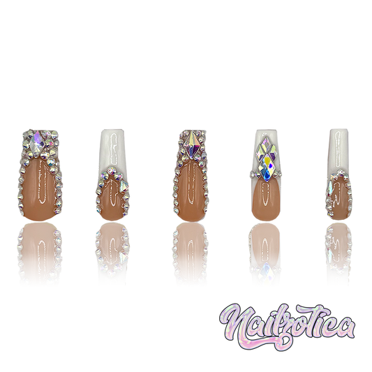 Fabulous French - Medium Length 35mm Square Shape White French Tip Silver Rhinestone Reusable Acrylic Gel UV High Quality Handmade Luxury Press On Nails (Custom)