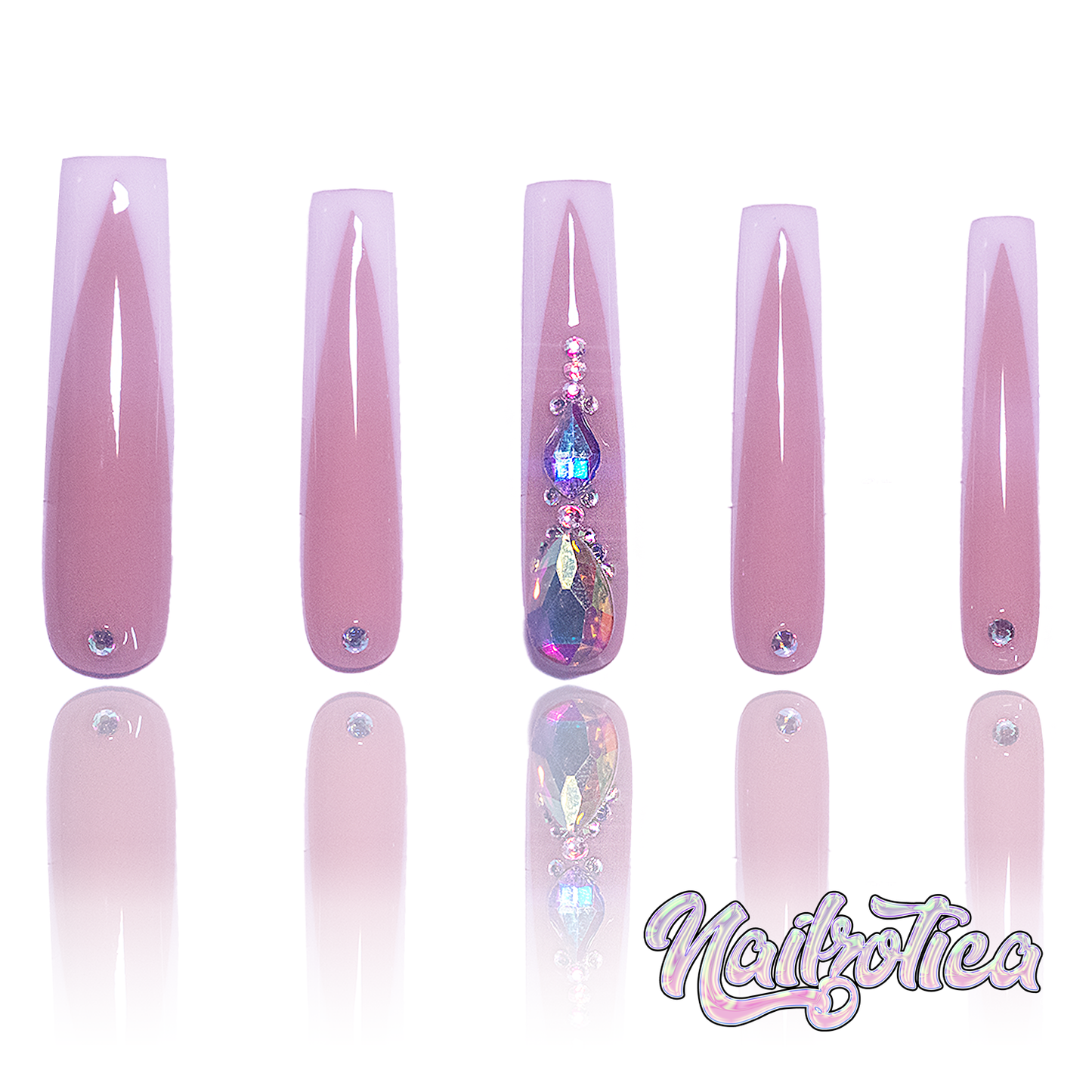 Fancy French - Extra Long Length 55mm Square Shape French Tip White Silver Rhinestone Reusable Acrylic Gel UV Hand-Painted High Quality Handmade Luxury Press On Nails (Custom)