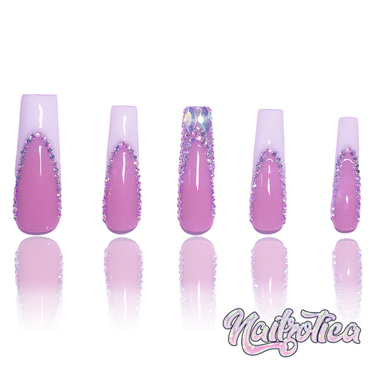 French & Fancy - Long Length 40mm Square Shape White French Tip Pink Base Silver Rhinestone Reusable Acrylic Gel UV Hand-Painted High Quality Handmade Luxury Press On Nails (Custom)