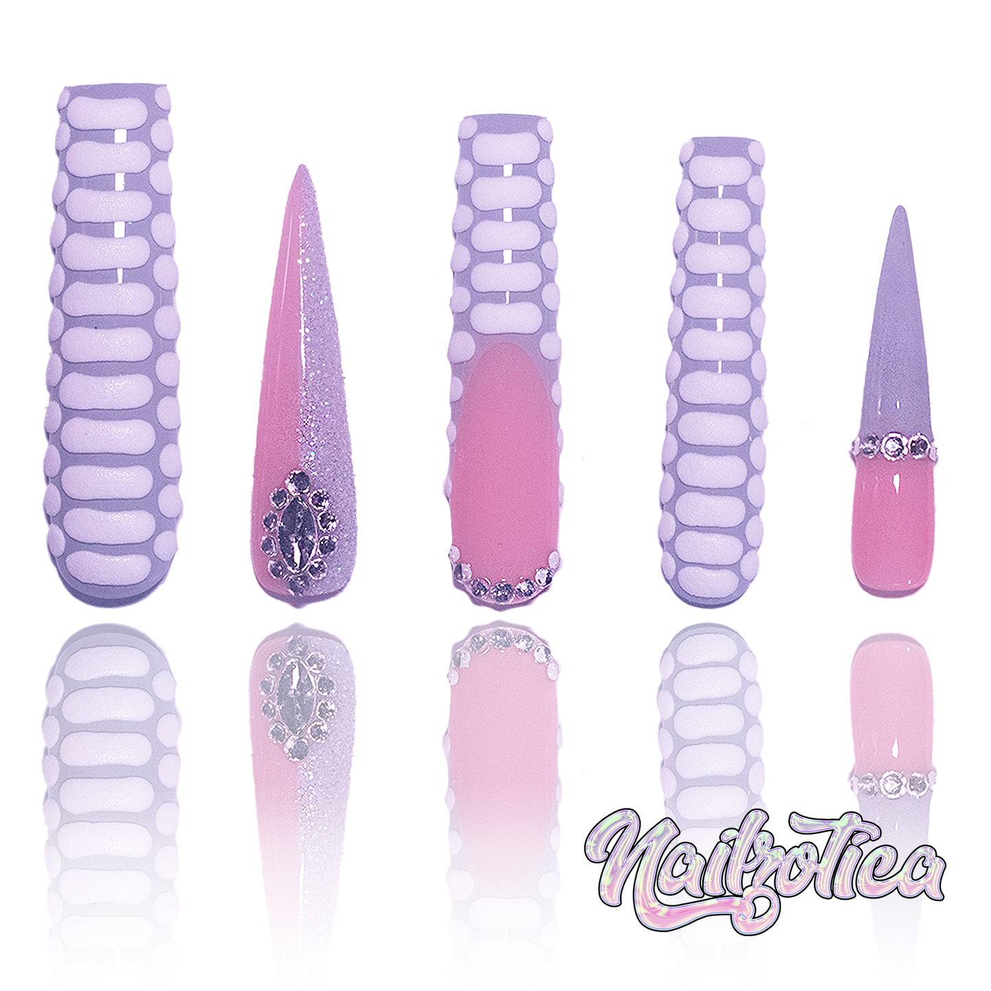Glamorous Grayscale - Extra Long 50mm & 55mm Length Square Stiletto Shape Gray Matte French Tip White Embossed Croc Print Silver Rhinestone Reusable Acrylic Gel UV Hand-Painted High Quality Handmade Luxury Press On Nails (Custom)