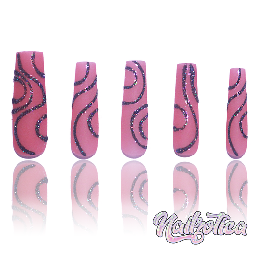 Glitz & Glitter - Long Length Square Shape Natural Pink Matte Base Black Glitter Swirls Reusable Acrylic Gel UV Hand-Painted High Quality Handmade Luxury Press On Nails