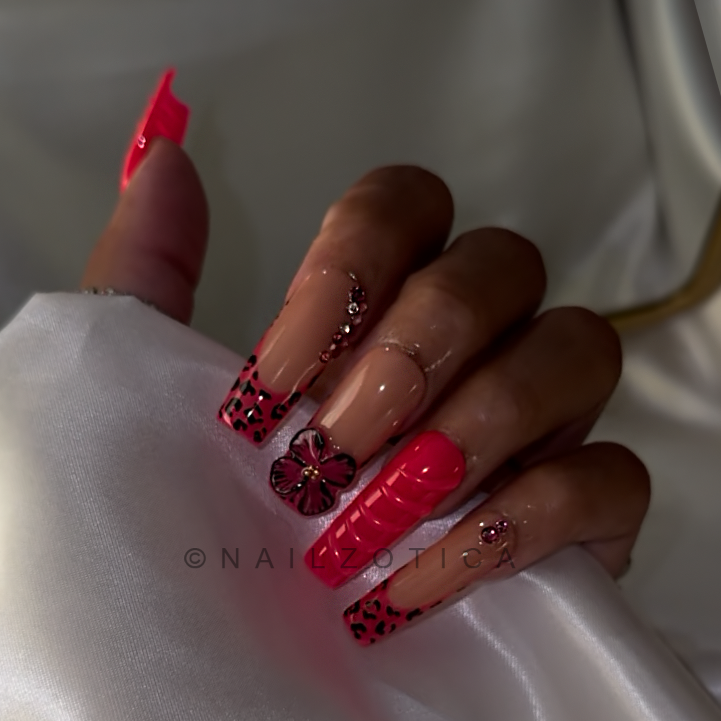 Hibiscus Hottie - Medium Length 35mm Square Shape Hot Pink Animal Print 3D Flower Rhinestone Reusable Acrylic Gel UV High Quality Handmade Luxury Press On Nails
