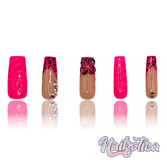 Hibiscus Hottie - Medium Length 35mm Square Shape Hot Pink Animal Print 3D Flower Rhinestone Reusable Acrylic Gel UV High Quality Handmade Luxury Press On Nails