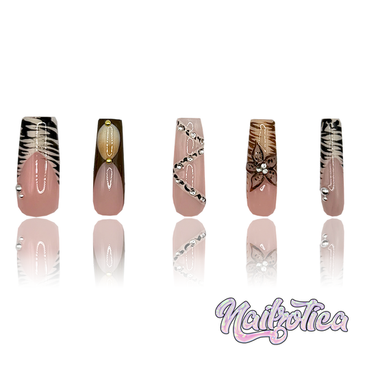 Lavish Lily - Medium Length 35mm Square Shape 3D Flower Brown Abstract Silver Rhinestone Reusable Acrylic Gel UV High Quality Handmade Luxury Press On Nails